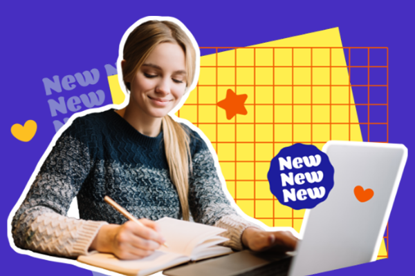 Smiling high school student doing schoolwork with phrase "New" on image.