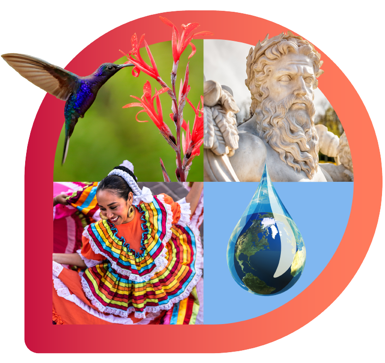 Colorful image showing examples of the engaging English Language Arts content included in the Imagine Learning EL Education curriculum: a hummingbird, a classical statue of a man, a women dancing in colorful outfit, and an image of the planet.