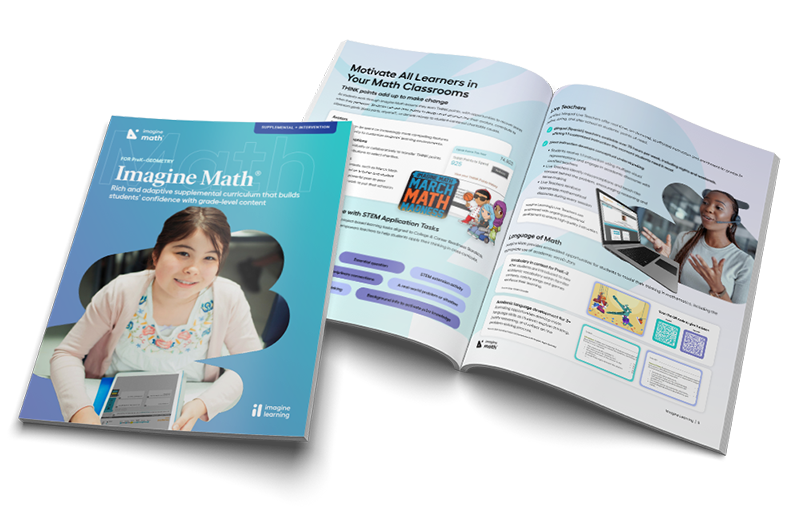 A render of the Imagine Math catalog front page and inner spread